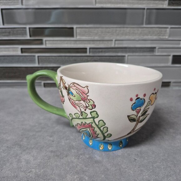 Dutch Wax Handpainted Embossed Footed Floral Coffee Tea Cup Mug - Picture 3 of 10
